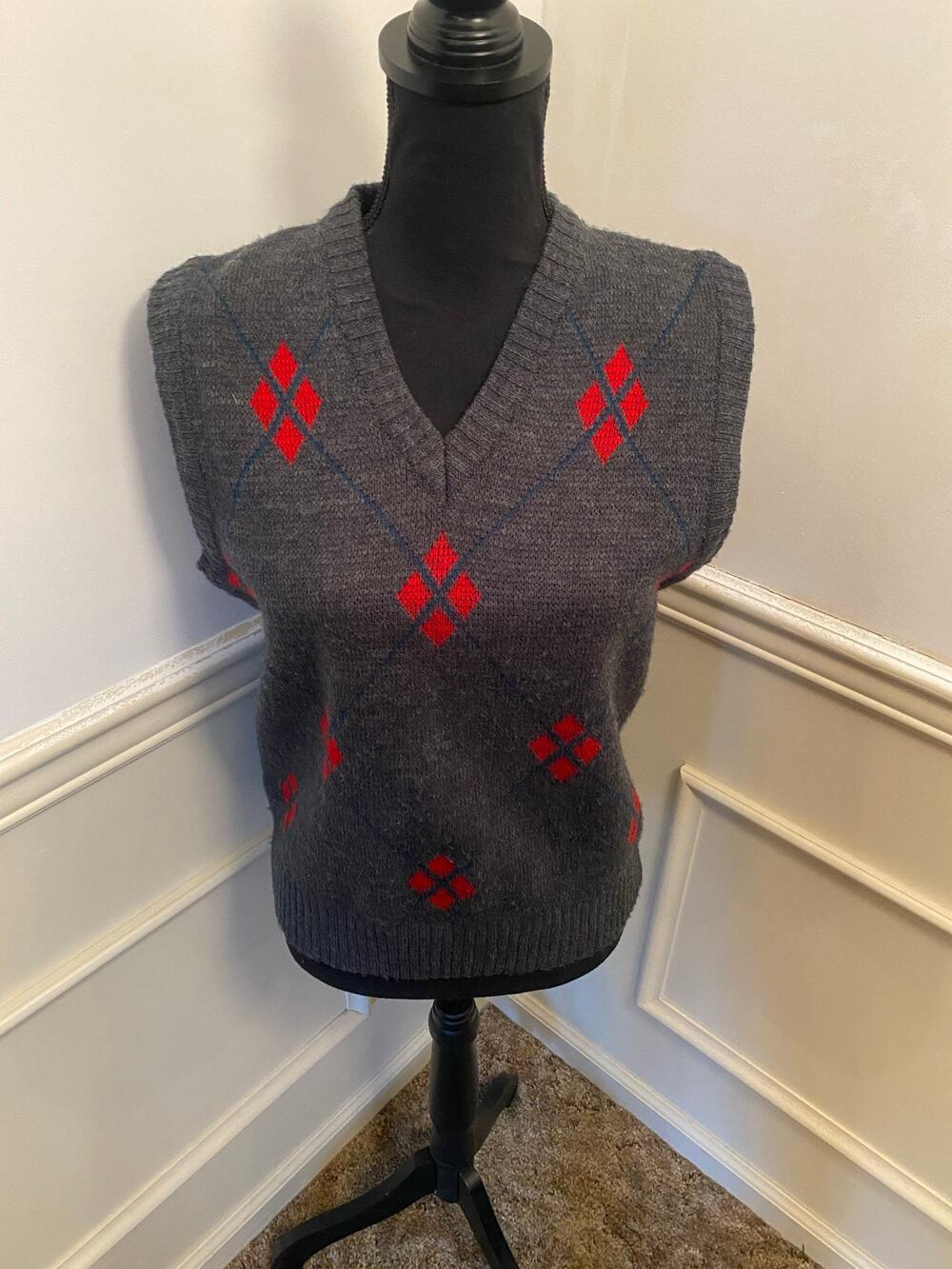 Vintage 80s The Fox Collection Argyle Sweater Vest V Neck Retro Preppy Style